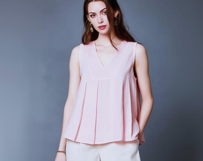 Anysize custom 100% linen pleated tops V neck shirt loose tops sleeveless linen blouse summer plus size tops plus size clothing F79JL