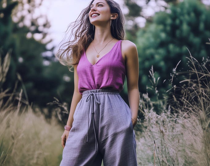 Anysize custom 100% linen tank deep V neck loose tops summer linen shirt plus size tops plus size clothing F47CL