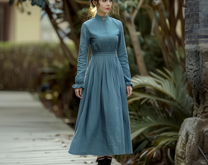 Anysize custom stand collar dress hidden buttons long sleeves linen cotton dress with pockets spring fall retro plus size clothing F573N