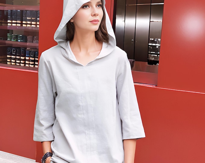 Anysize 3/4 sleeves hooded tops v neck shirt soft linen cotton spring summer fall plus size tops plus size clothing F85CQ