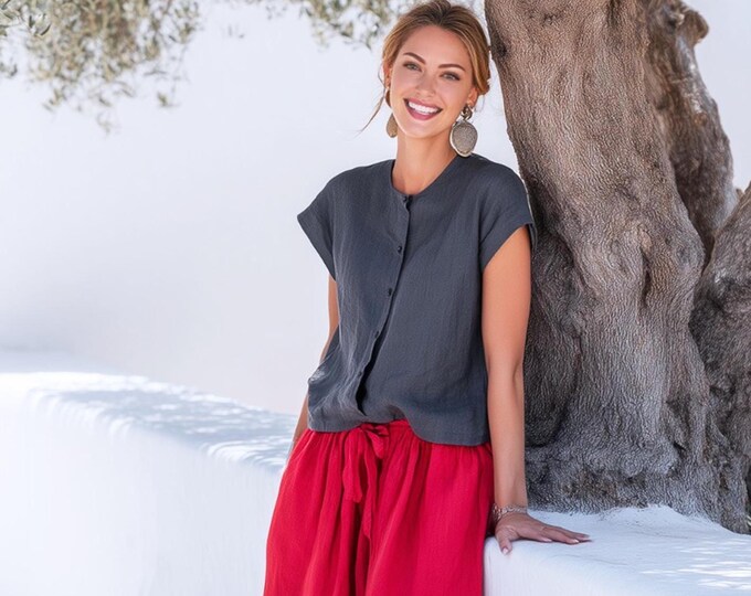 Anysize custom 100% linen tops buttoned short sleeves shirt loose tops linen blouse summer plus size tops plus size clothing F30RL