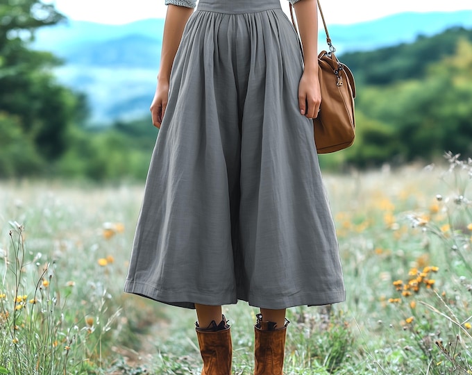 Anysize custom soft linen cotton wide leg pants with elastic waist cropped trousers casual plus size pants plus size clothing F715E
