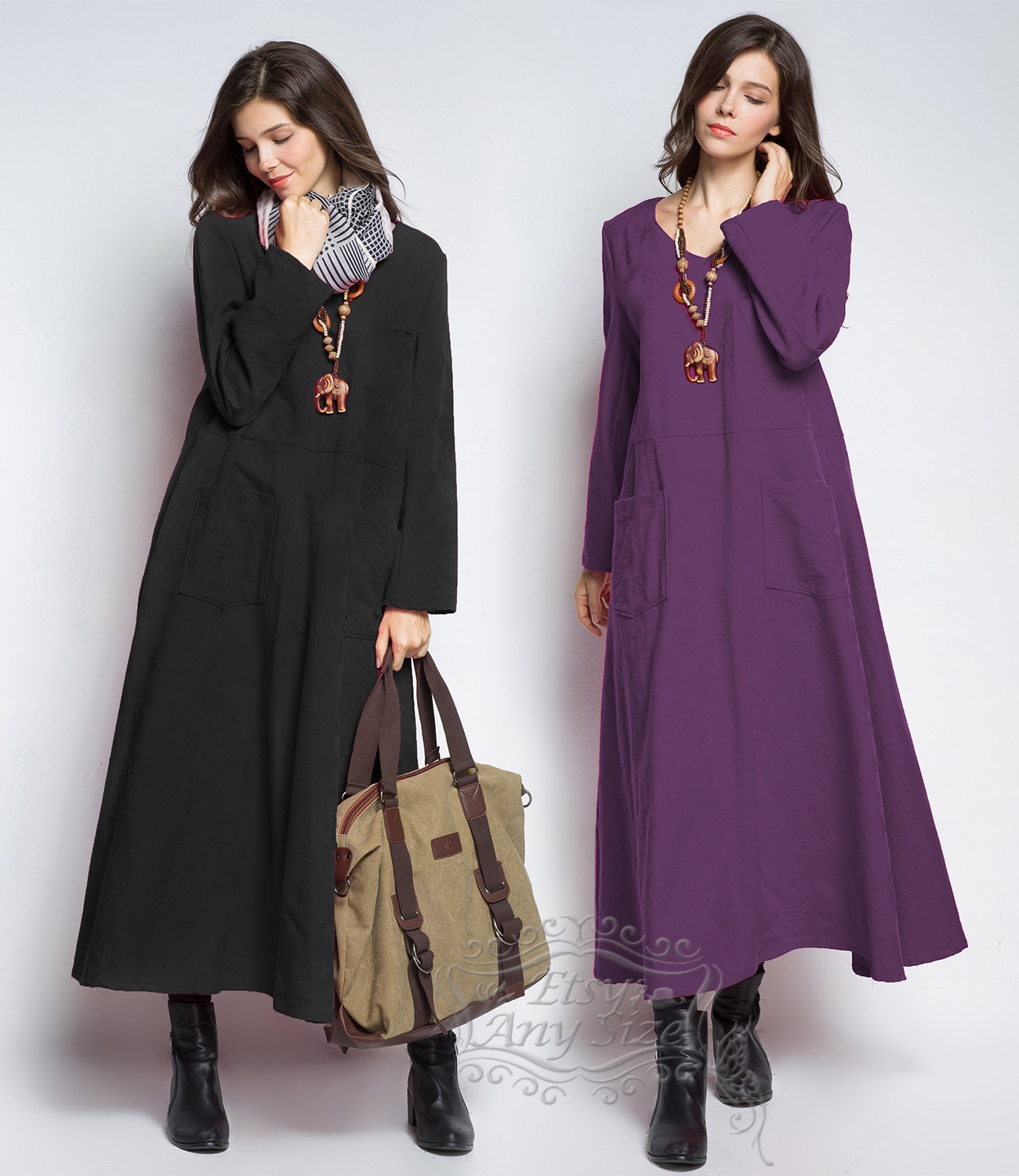 Anysize V-necked jacquard loose maxi dress linen&cotton dress | Etsy