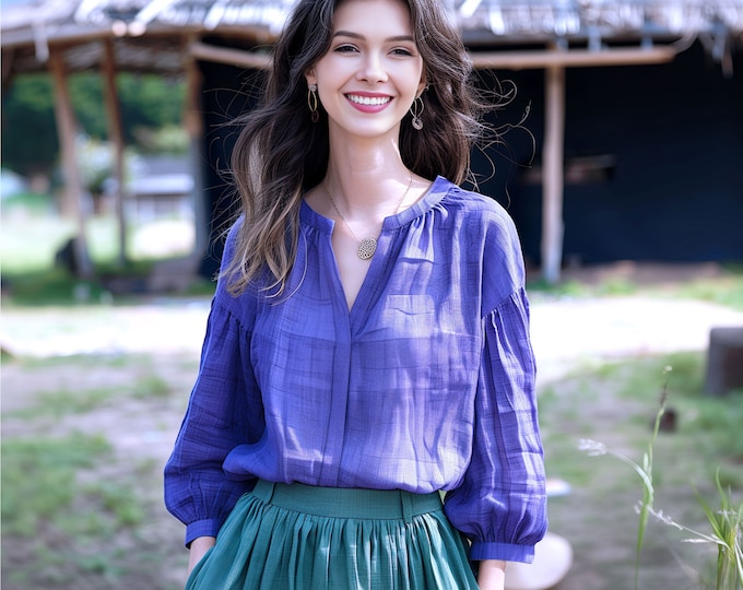Anysize custom nine-point puff sleeves 100% linen blouse V-neck tops linen shirts spring summer plus size tops plus size clothing F474L