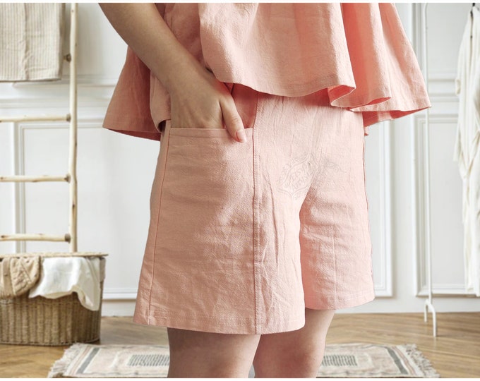 Anysize linen cotton summer shorts with slant pockets elastic waist soft loose shorts plus size pants plus size clothing P50Q