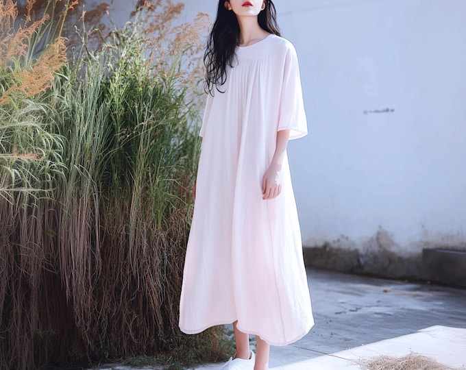 Anysize custom 100% linen pleated maxi dress 3/4 wide sleeves with side pockets spring fall plus size dress plus size clothing F25CL
