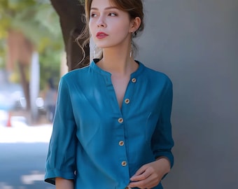 Anysize custom 3/4 sleeves short shirt soft linen cotton spring fall loose plus size tops plus size clothing F539E