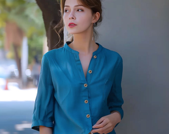 Anysize custom 3/4 sleeves short shirt soft linen cotton spring fall loose plus size tops plus size clothing F539E