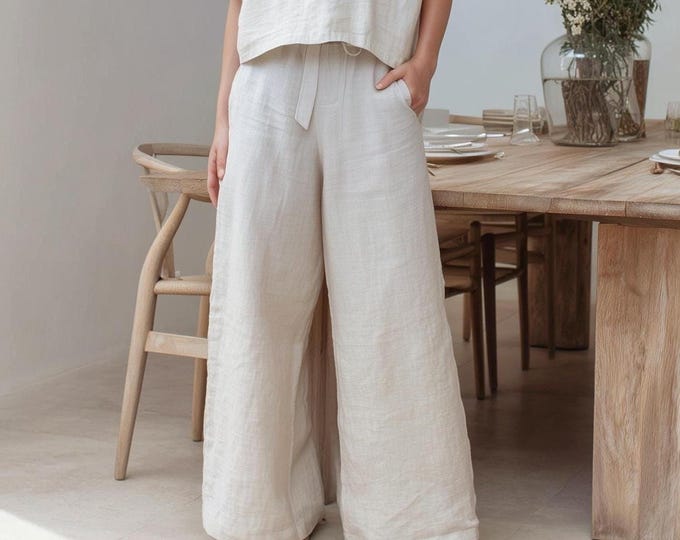 Anysize custom wide leg 100% linen pants elastic waist with pockets belt spring summer plus size pants plus size clothing F59RL
