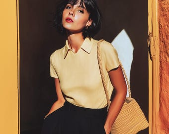 Anysize custom 100% linen shirt collared tops short sleeves loose blouse summer plus size tops plus size clothing F68DL