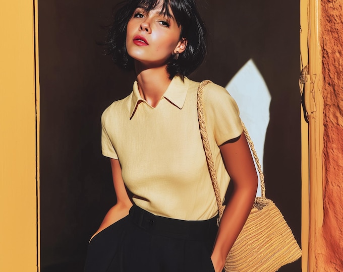 Anysize custom 100% linen shirt collared tops short sleeves loose blouse summer plus size tops plus size clothing F68DL