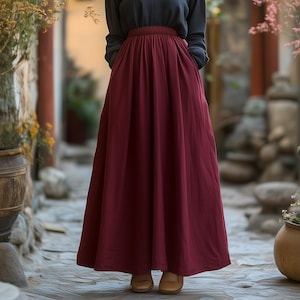 Falda larga personalizada de cualquier tamaño con cintura elástica, falda de lino y algodón de talla grande con bolsillos laterales, ropa retro de primavera y otoño de talla grande F675N