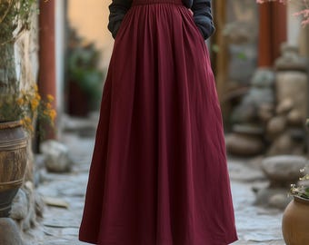 Anysize custom maxi skirt with elastic waist plus size linen cotton skirt with side pockets spring fall retro plus size clothing F675N