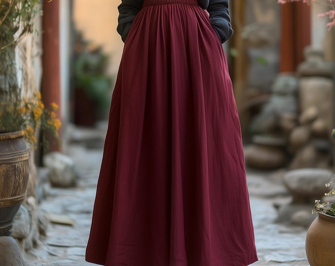 Anysize custom maxi skirt with elastic waist plus size linen cotton skirt with side pockets spring fall retro plus size clothing F675N