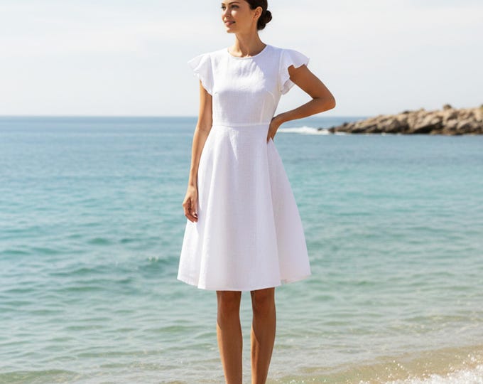 Anysize Custom 100% Linen Linen Knee Length Dress Flutter Sleeve Summer Dress Elegant Minimal Dress Plus Size Dress Plus Size Clothing F27UL