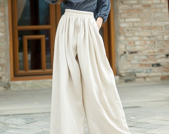 Anysize custom soft linen cotton wide legs pants with elastic waist oversized maxi trousers casual loose pants plus size clothing F399E