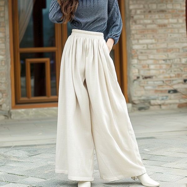 Anysize custom soft linen cotton wide legs pants with elastic waist oversized maxi trousers casual loose pants plus size clothing F399E