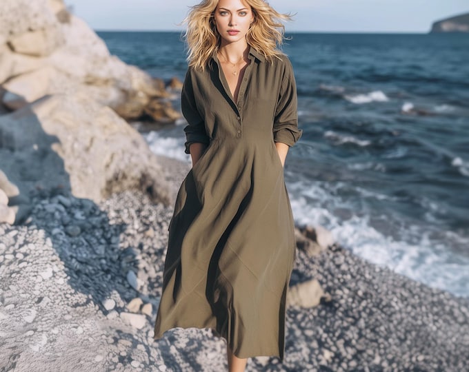 Anysize Custom Soft Linen Cotton Long Sleeves Collared Dress Plus Size Dress With Functional Buttons Side Pockets Spring Fall F19SE
