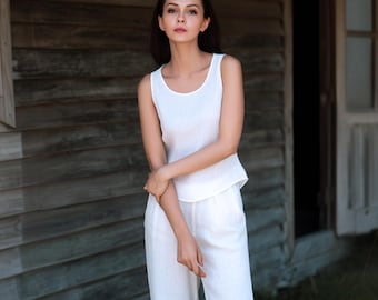 Anysize custom 100% linen sleeveless tops round neck loose tops summer shirt plus size tops plus size clothing F24YL