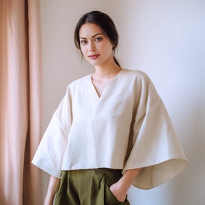 Anysize custom 100% linen 3/4 flare sleeves summer tops V neck blouse casual loose plus size shirt spring plus size clothing F71JL