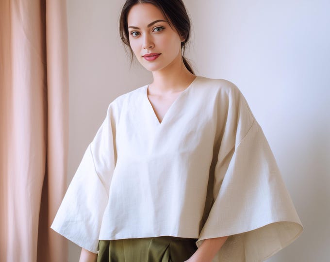 Anysize custom 100% linen 3/4 flare sleeves summer tops V neck blouse casual loose plus size shirt spring plus size clothing F71JL