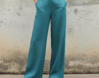 Pantaloni a gamba larga in lino 100% personalizzati di qualsiasi taglia, pantaloni su misura a vita alta, pantaloni palazzo estivi in lino, pantaloni taglie forti, abbigliamento taglie forti F62UL