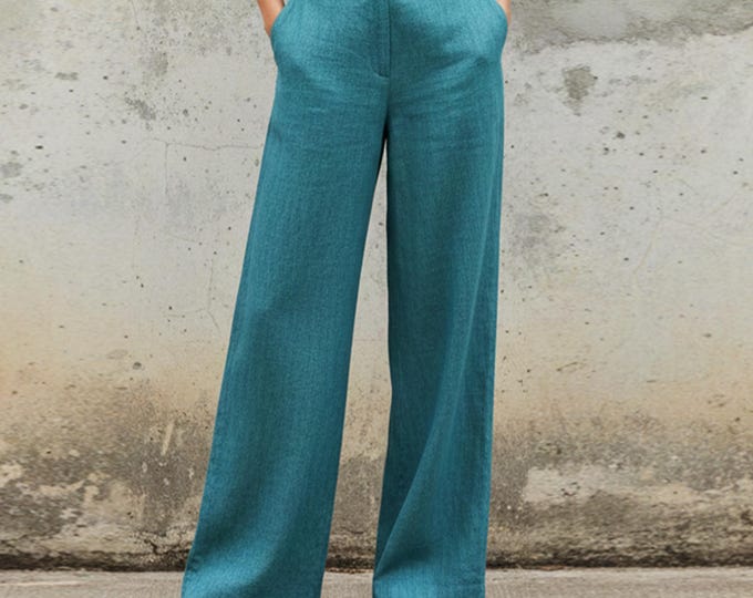 Anysize Custom 100% Linen Wide Leg Pants High Waist Tailored Trousers Summer Linen Palazzo Pants Plus Size Pants Plus Size Clothing F62UL