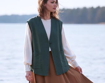 Anysize Custom Vest Linen Cotton Loose Tops With Patch Pockets Plus Size Vest Spring Fall Retro Plus Size Tops Plus Size Clothing F57TN