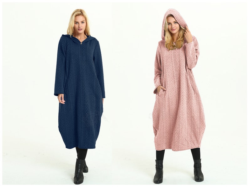 Anysize Pink hooded lantern warm cotton dress jacquard loose dress tunic spring winter dress plus size dress plus size clothing Y341 