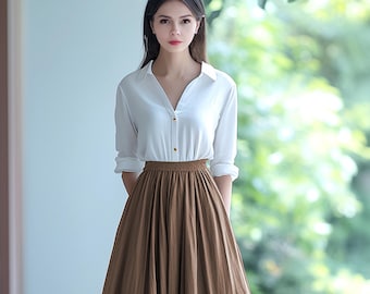 Anysize custom V neck linen cotton blouse with long sleeves loose plus size shirt plus size tops plus size clothing spring fall tops F634N