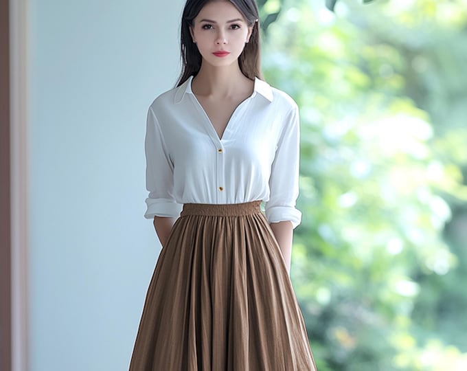 Anysize custom V neck linen cotton blouse with long sleeves loose plus size shirt plus size tops plus size clothing spring fall tops F634N