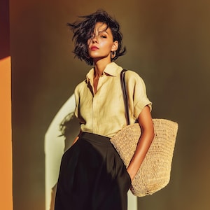 May include: A woman wearing a yellow linen shirt and a black skirt is holding a straw tote bag with a brown leather strap.