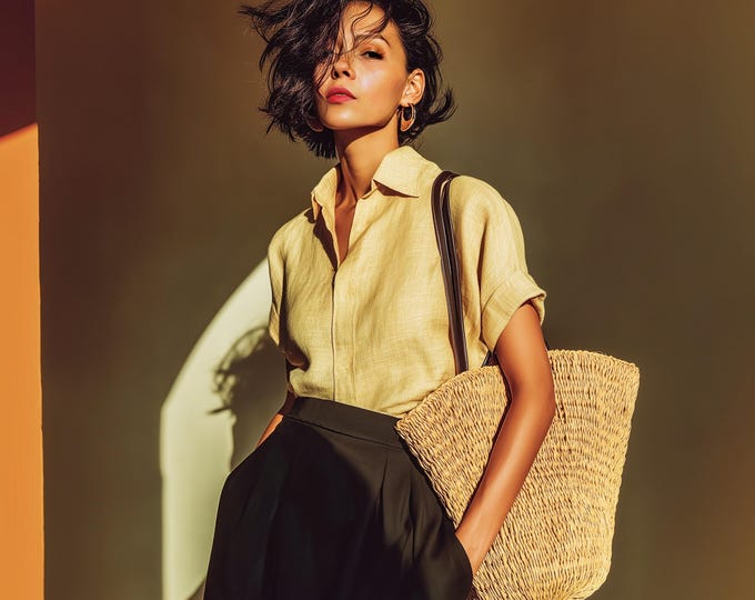 Anysize custom 100% linen hidden placket shirt collared tops short sleeves loose blouse summer plus size tops plus size clothing F65DL