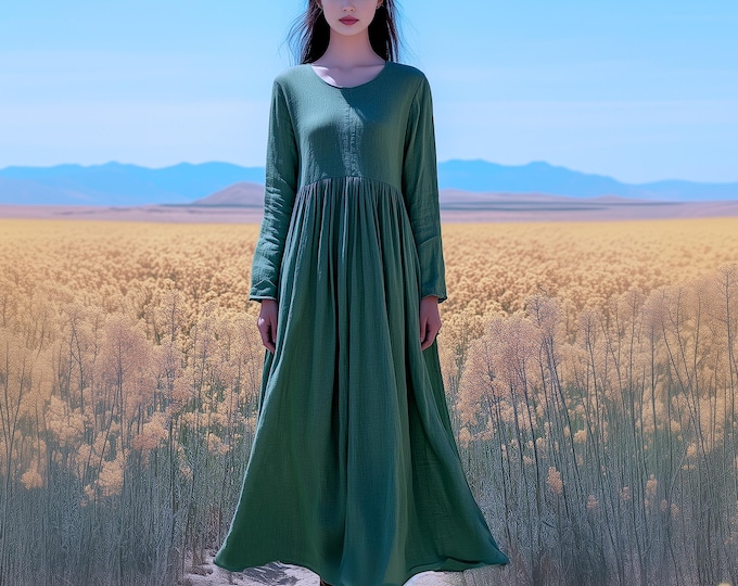 Anysize custom round neck loose long sleeves linen cotton dress with side pockets spring fall retro plus size dress plus size clothing F700N