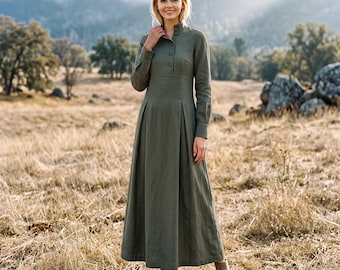 Anysize Custom Linen Cotton Maxi Dress Front Buttoned Long Sleeve Dress With Pockets A Line Fall Winter Plus Size Dress F72HN