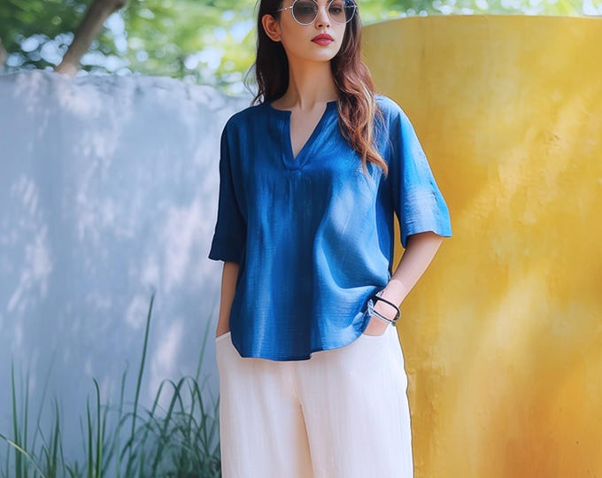 Anysize custom 100% linen V-neck shirt half sleeves loose tops linen t-shirts summer plus size tops plus size clothing F68AL