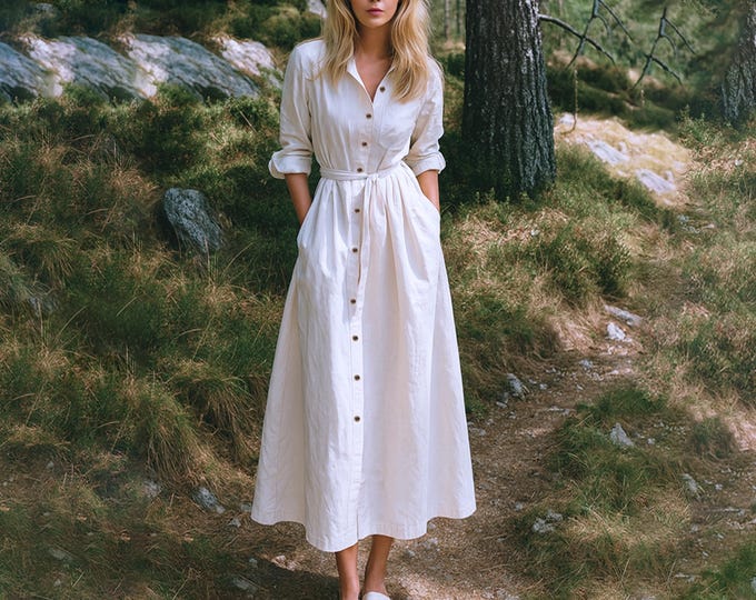 Anysize Custom Shirt Dress Linen Cotton Long Sleeves Tailored Dress With Side Pockets Spring Fall Plus Size Dress Plus Size Clothing F39SN