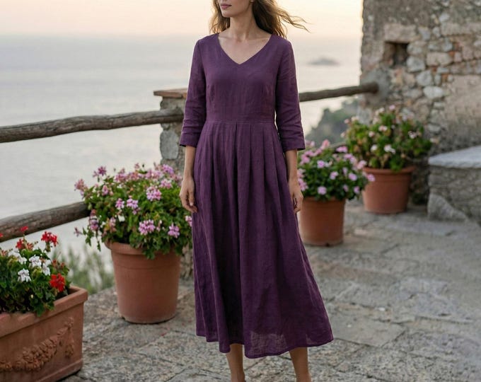 Anysize Custom V-Neck 100% Linen Dress With 3/4 Sleeves Pleated Design Side Pockets Retro Loose Spring Summer Plus Size Dress F99TL