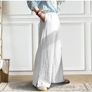 Anysize linen cotton trousers with side pockets and elastic waist casual loose plus size trousers ultra wide slit wide leg trousers P8Q