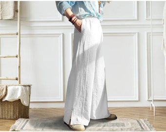 Anysize cotton trousers with side pockets and elastic waist casual loose plus size trousers ultra wide slit wide leg trousers P8Q