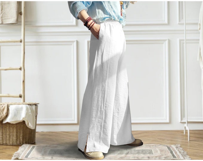 Anysize linen cotton trousers with side pockets and elastic waist casual loose plus size trousers ultra wide slit wide leg trousers P8Q