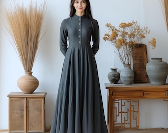 Anysize custom long sleeves linen cotton maxi dress with side pockets spring fall winter plus size dress plus size clothing F659N