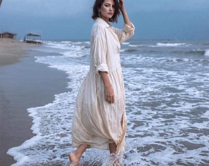 Anysize custom 100% linen long sleeves shirt dress with functional buttons side pockets summer retro plus size dress F82PL