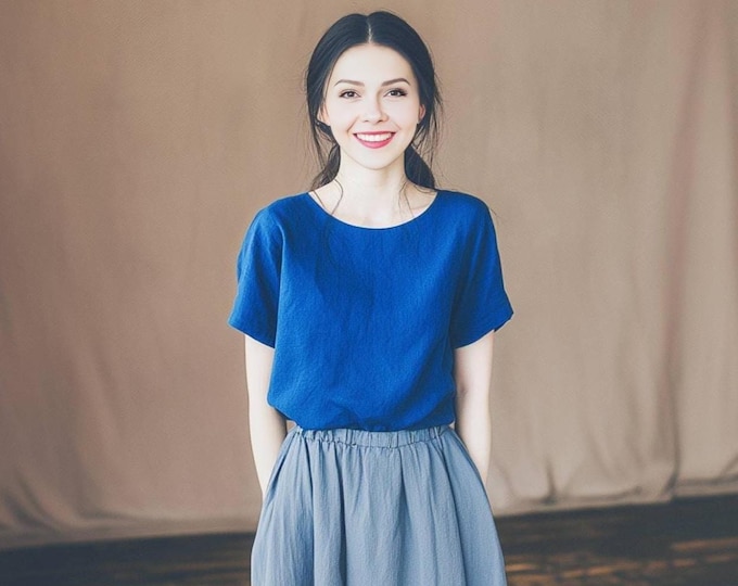 Anysize custom 100% linen tops round neck shirt loose tops short sleeves linen blouse summer plus size tops plus size clothing F58JL