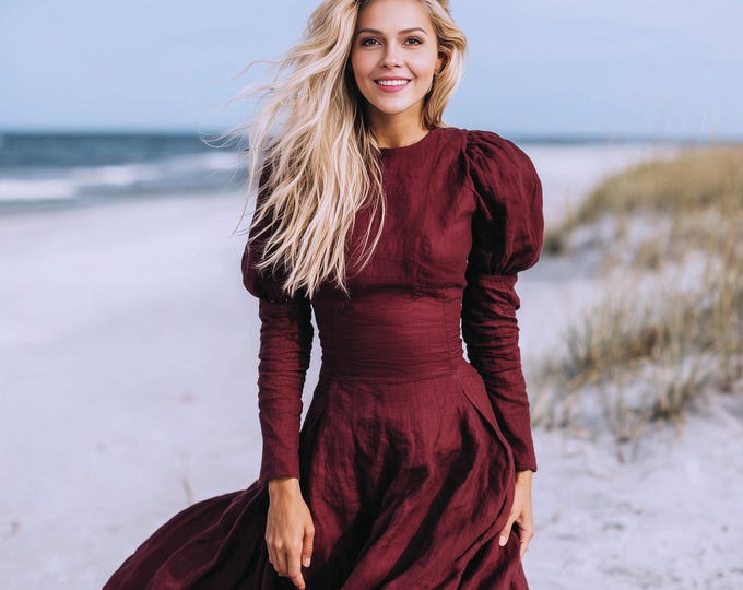 Anysize custom 100% linen dress long sleeves with side pockets back zipper spring fall plus size maxi dress plus size clothing F64PL