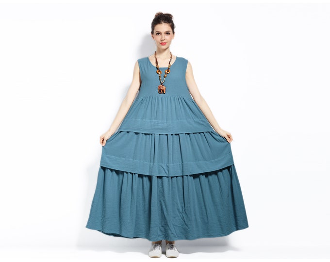 Anysize jumper dress sleeveless layered soft linen cotton loose dress plus size clothing maxi dress spring summer clothing F94B