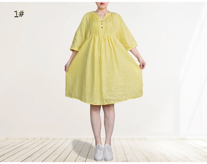 Anysize colorful summer 100% linen puff sleeves V-neck with organ pleated linen spring midi dress plus size dress plus size clothing F345L