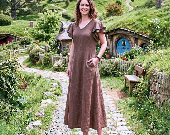 Anysize Custom 100% Linen Flutter Sleeve V-Neck Dress A-Line Summer Dress with Pockets Plus Size Dress Plus Size Clothing F85VL