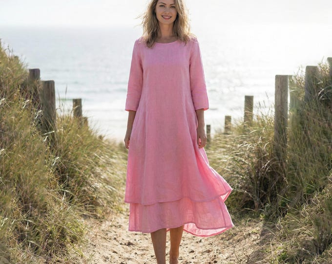 Anysize Custom 100% Linen Dress Fake Two Pieces With Side Pockets Casual Loose Spring Summer Full Plus Size Dress Plus Size Clothing F70TL