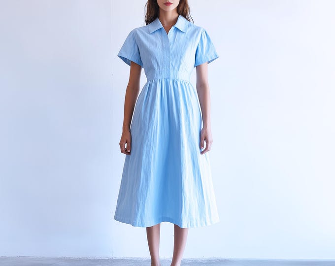 Anysize short sleeves waist elastic dress soft linen cotton summer midi dress with side pockets plus size dress plus size clothing F1DQ